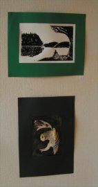 Linoleumtryck och akvarell av Sara och Maria